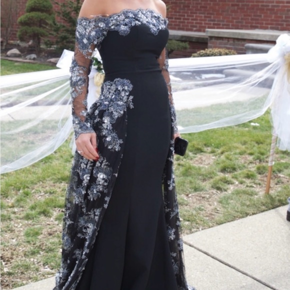 Elegant Black and Silver Lace Evening Gown custom made